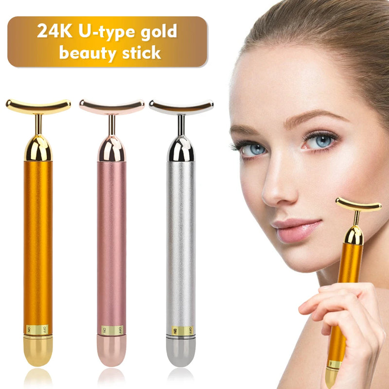 24K Gold U Massage Bar Energy Roller Electric Face-lifting Facial Massage Beauty Instrument Waterproof Vibrating Face Care Stick