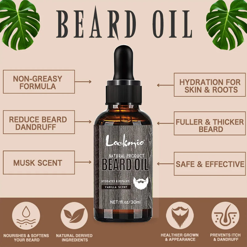 LOCKMIO Natural Beard Oil for Men Vanilla Scent Hydrates Repairs Beard Roots Growth Fuller Thicker Styling Care